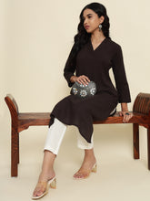 Thread Plus Cotton Flax Straight Kurti In Charcoal Color For Women